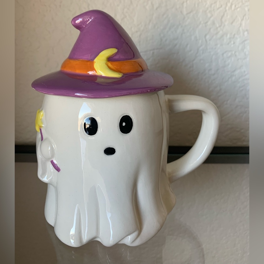 Ghost Mug with Witch Hat Lid Spooky Whimsical Halloween Coffee Cup Drinkware Tea